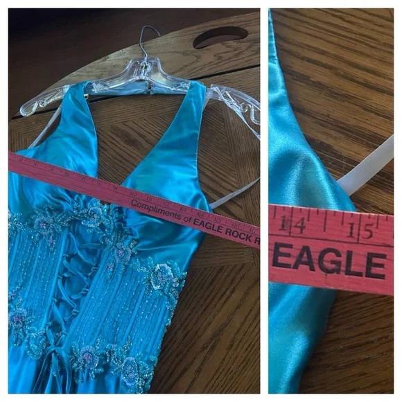 Turquoise Blue Silk Corset Halter Evening Prom Gown - Picture 16 of 16